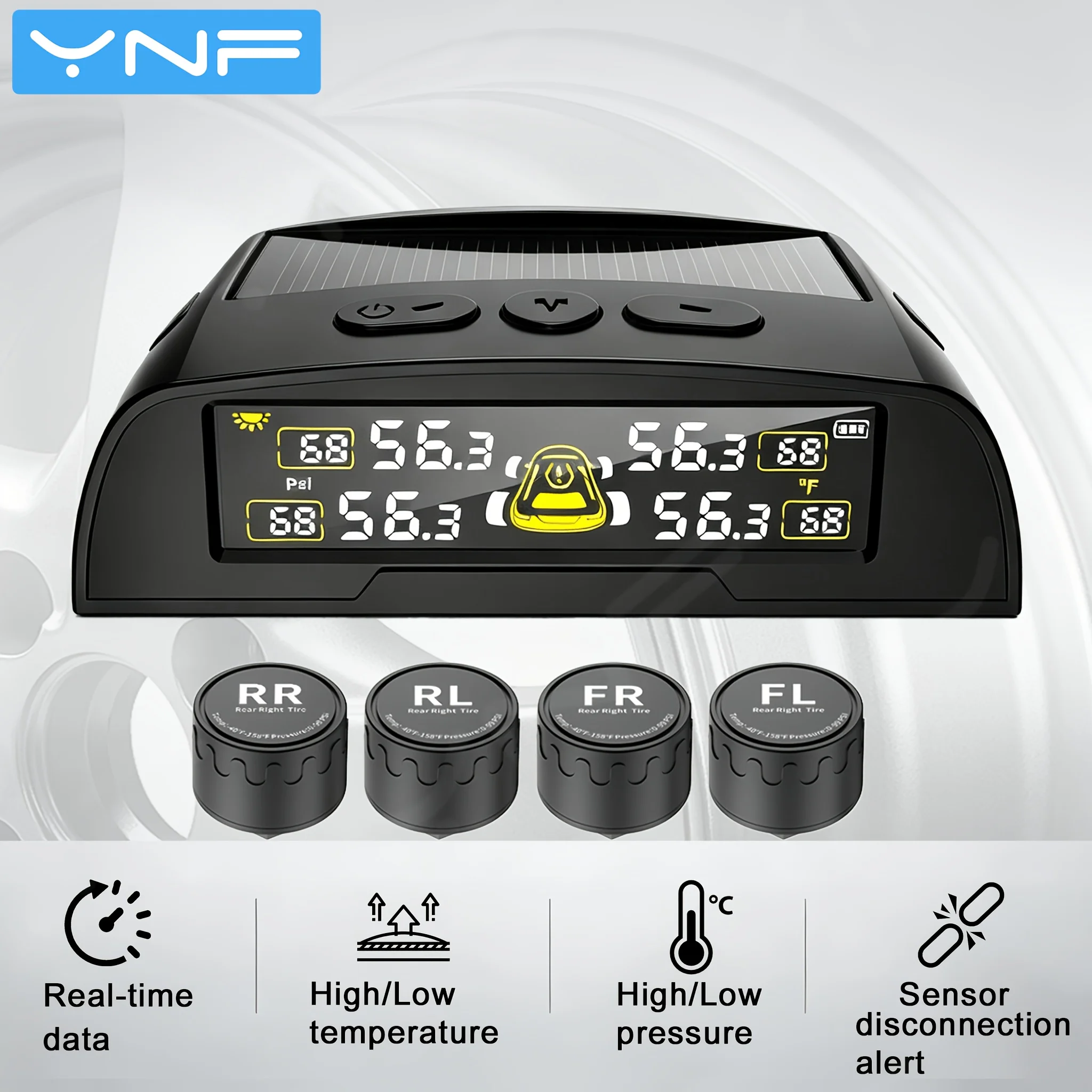 

YNF Universal TPMS, 4 External Sensors, Real-Time Pressure & Temperature Monitor, USB/Battery Powered, Vibration Switch