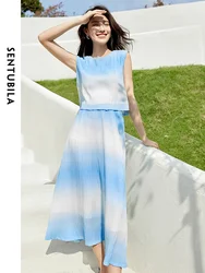 SENTUBILA Women Summer Skirt Set Blue White Gradient Cropped Tank Top Flowy Midi Skirt 2024 Women's Vacation Outfits 142Z54315