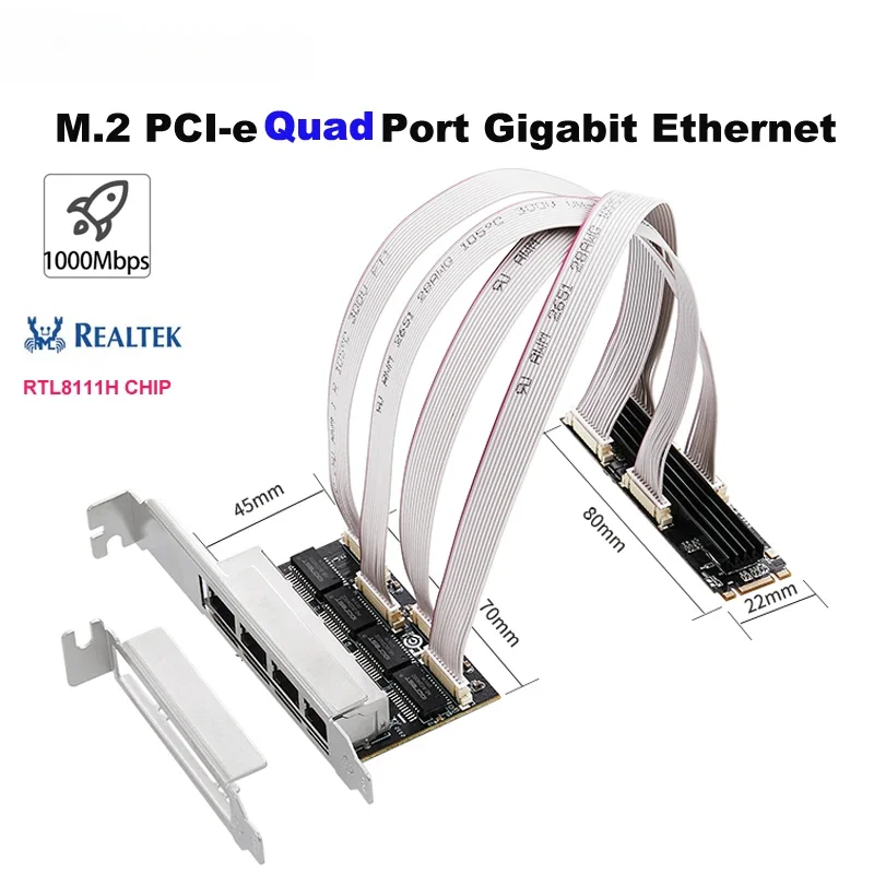 

M.2 PCI-e 4-портовый Gigabit Ethernet M-ключ B-ключ 1000 Мбит/с 1G Nic Сетевая карта RealTek RT8111H Чипсет NAS для игр