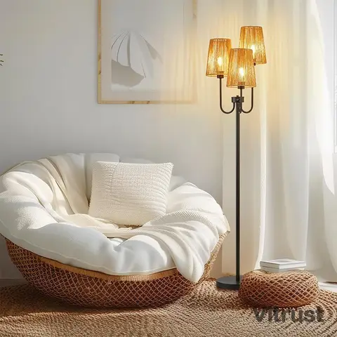 New Vintage LED Floor Lamp Boho Macrame Floor Light Wall American Style Jute Rope Lighting Standing Floor Lamp Farmhouse Bedroom