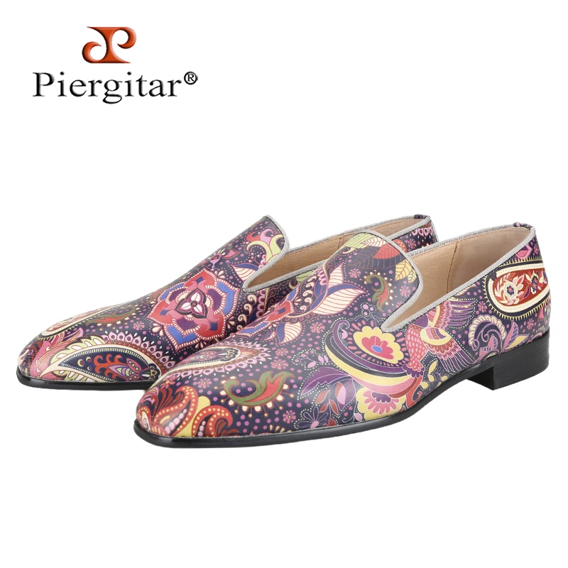 

Piergitar Colorful Cashew Flower Totem Print Genuine Leather Slip-On Loafers Handmade Red Sole Men's Moccasin For Fashion Show