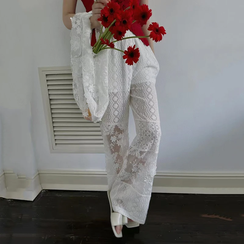 

Women's asymmetric hollow lace casual trousers, fashionable versatile wide-leg trousers, high quality trousers, summer, new,