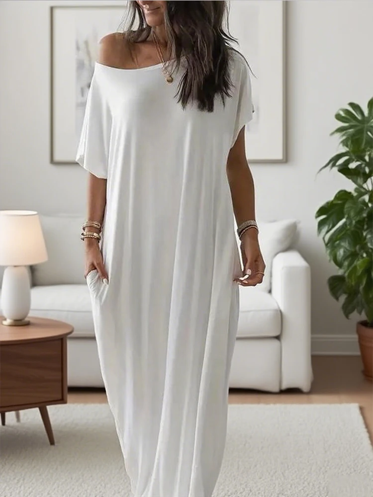 

Beautyblue Summer Sexy White Short Sleeve Long Dress One Shoulder Long Tops Casual Fashion Loose X-line Elegant Woman Clothes