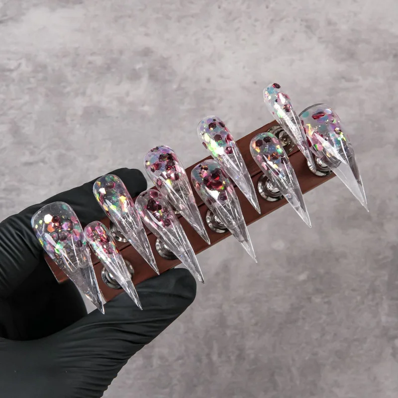 Uñas postizas transparentes con lentejuelas rojas brillantes, diseño de garra de dragón, estilo europeo y americano, diseño de uñas puntiagudas, a la moda.