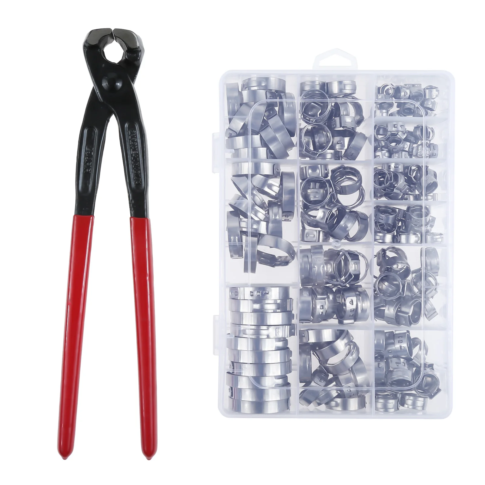 180pcs/1box Single Ear Hose Clamps & Pliers 304 Stainless Steel Crimp Pinch Fitting Tools Assortment Kit 5.3-33.1mm Cable Tube