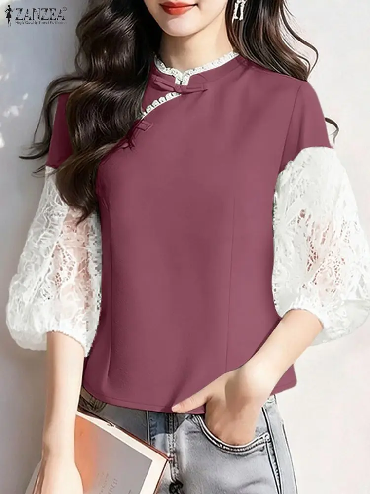 女性用スタイリッシュな透かし彫りブラウス ZANZEA 2026 春 レース パッチワーク シャツ 夏 七分袖 ワークトップス ボタン付きブラウス チャイナ風