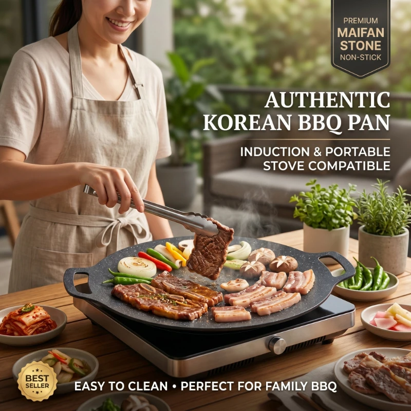 1pc Korean BBQ Grill Pan Medical Stone Coating Non-stick Marble Camping Round Griddle with Handle for Baking,Grill,BBQ