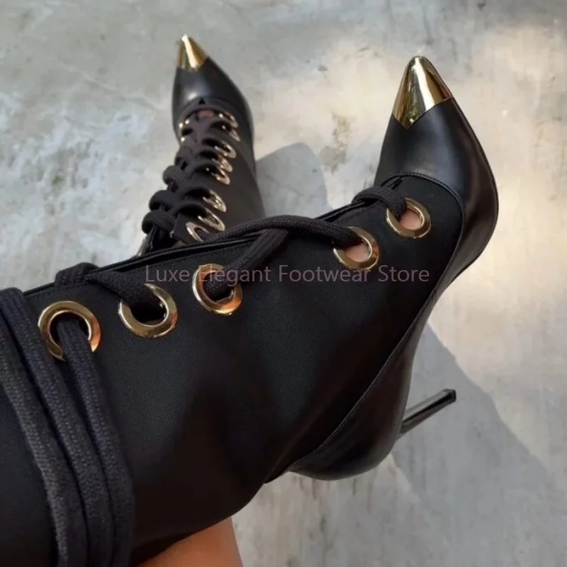 

Metal Ring Cross Strap Pointed Knee High Boots Women Black Lace Up Stiletto Long Boots Fashion Patchwork Hollow Party Lady Shoes