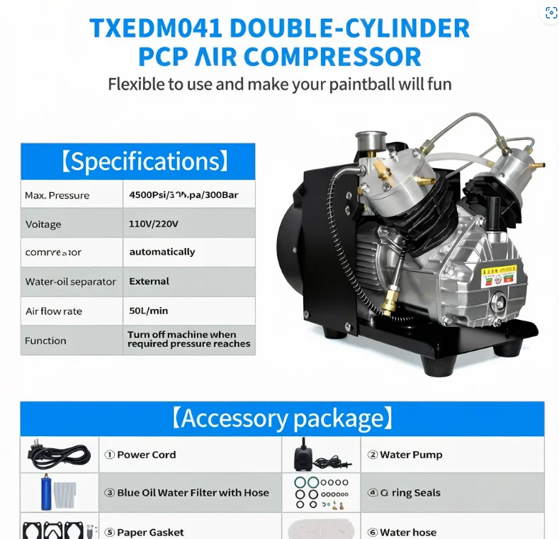 Pneumatic Dual Cylinder Fan，TXEDM041 Type 4500 Psi High Pressure PCP Air Compressor with Built-in