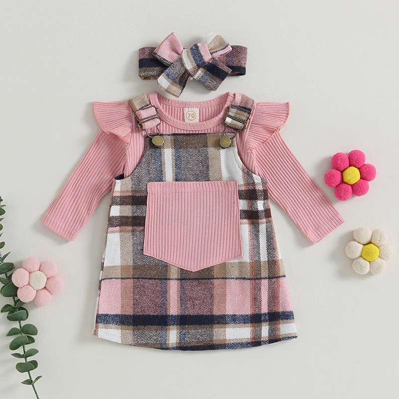 Toddler Baby Girls Cute Clothes Ruffle Ribbed Long Sleeves Romper and Plaid Suspender Dress with Pocket Headband Fall Outfits