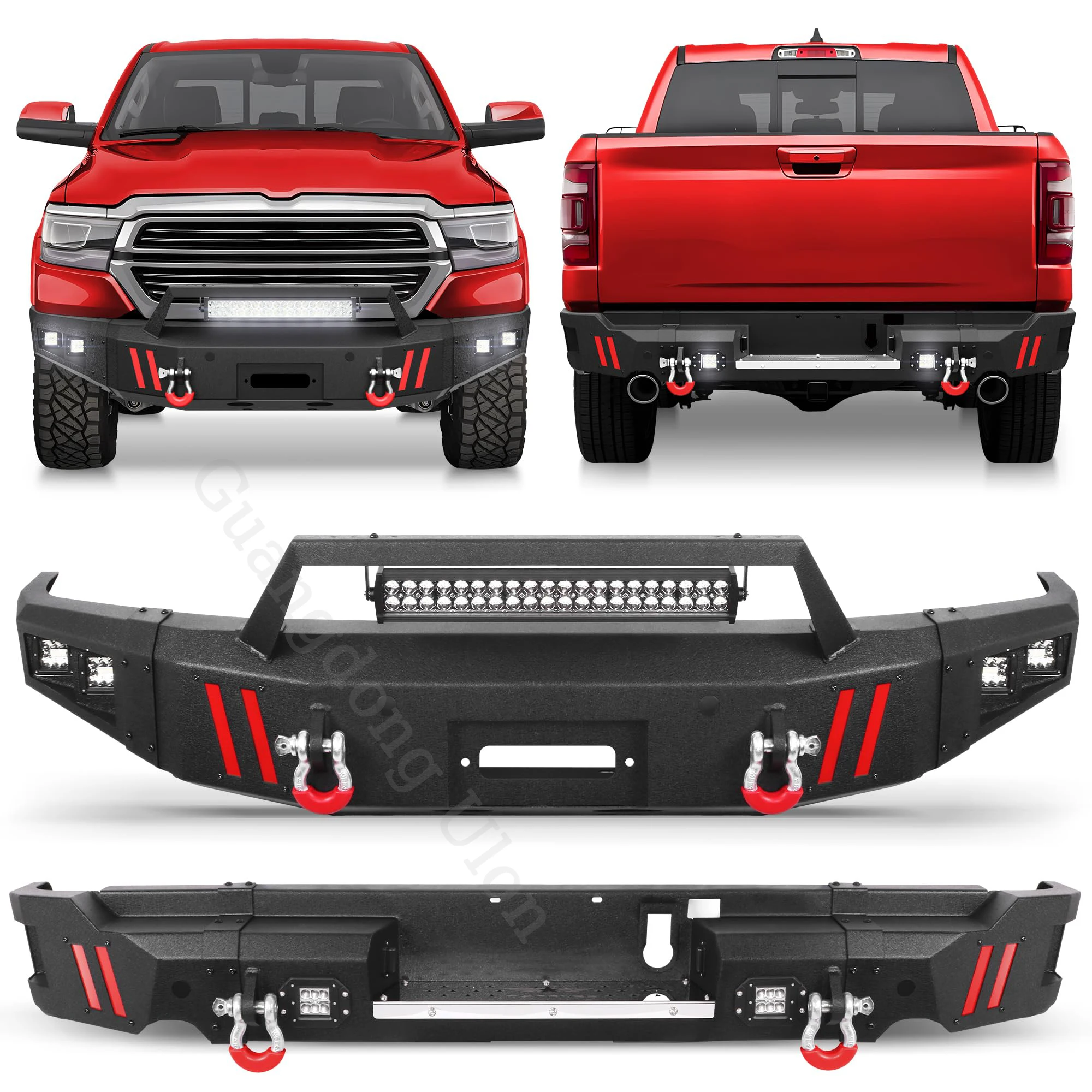 

Front & Rear Bumpers Fit Ram 1500 2019-2023 (Exclude Classic), Full Width Combo, W/Winch Plate, D-Rings, LED Lights