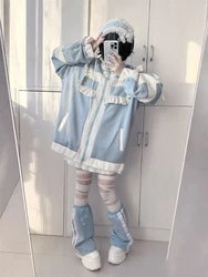 Japanese Y2k Aesthetic Stand Collar Kawaii Hoodies Women Zipper Sweatshirt Oversized Coats Grunge Harajuku Ruffled Patch Coat