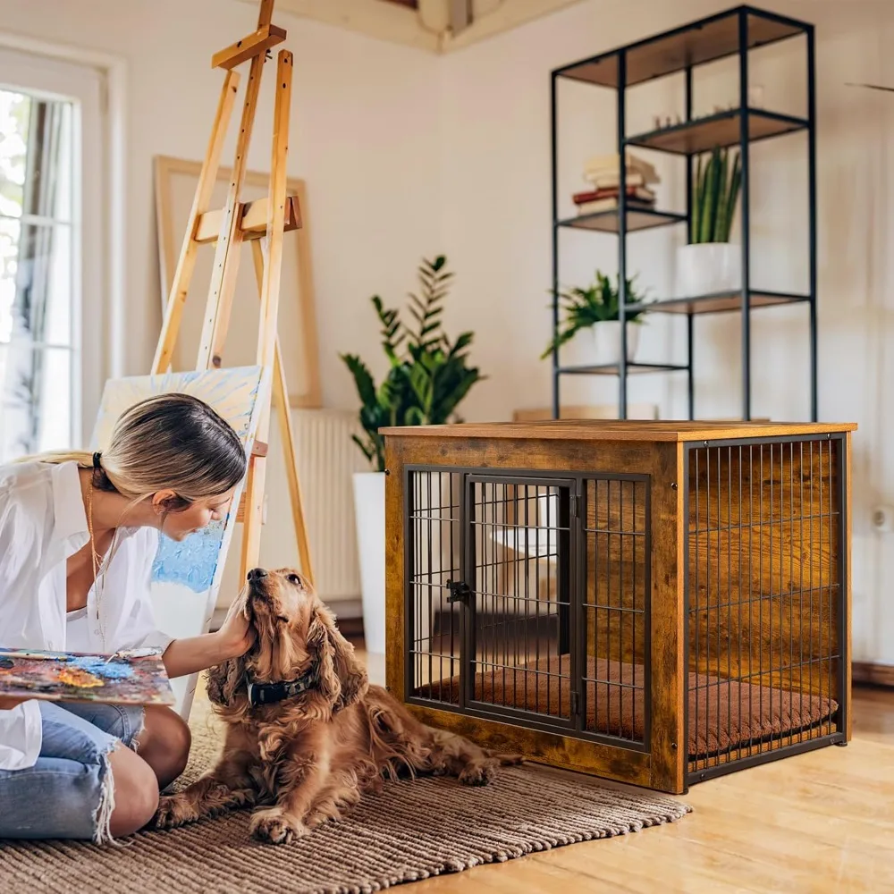 Dog Crate Furniture with Thick Cushion, Side End Table Wooden Cage with Double Doors, Chew-Resistant Dog Kennel House