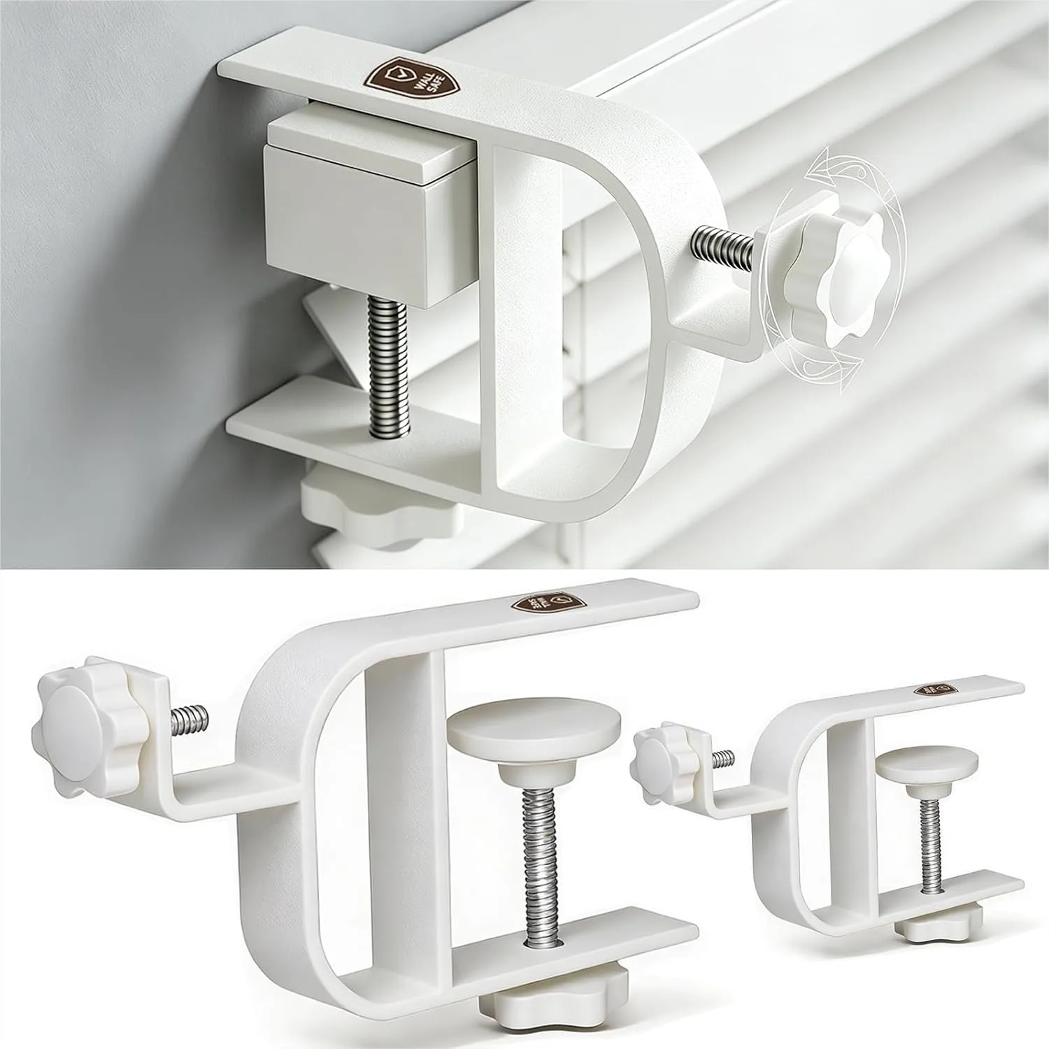 No Drill Curtain Rod Brackets for Inside & Outside Mount, Adjustable Fits 0.75-2" Blind Rail, Tool-Free Install, 2 Pack White