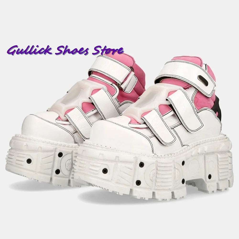 

Classic Patchwork Hook Pumps Round Toe Platform Chunky Heel Thick Sole Punk Style Platform 2024 White Women Autumn Winter Shoes