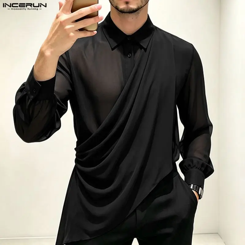 INCERUN Men Irregular Shirt Solid Color Lapel Long Sleeve Loose Men Clothes Streetwear Elegant 2026 Fashion Casual Tops For Man