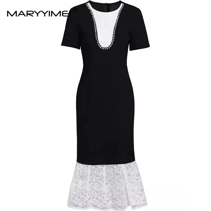 

MARYYIMEI Summer Women's Dress Short Sleeved Crystal Lace Splicing High Waiste Hip Wrap Commuter Mermaid Dresses