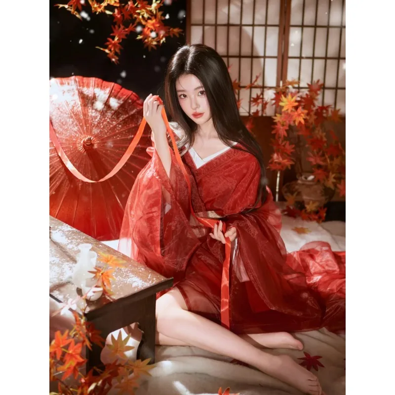red-warring-states-robe-hanfu-wedding-clothes-women's-national-style-retro-collar-waist-length-large-sleeved-shirt