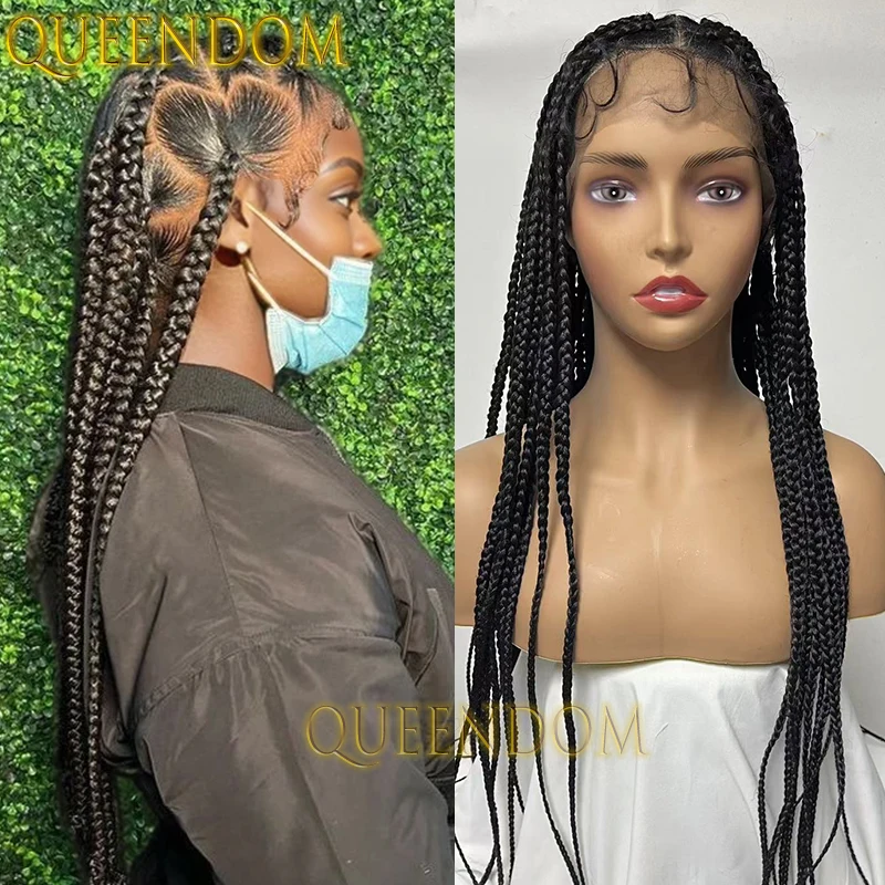 Synthetic 36 Inch Long Lace Wig Knotless Heart Shape Braided Handmade Crochet Wig 360 Full Lace Cornrows Part Braids Goddess Wig