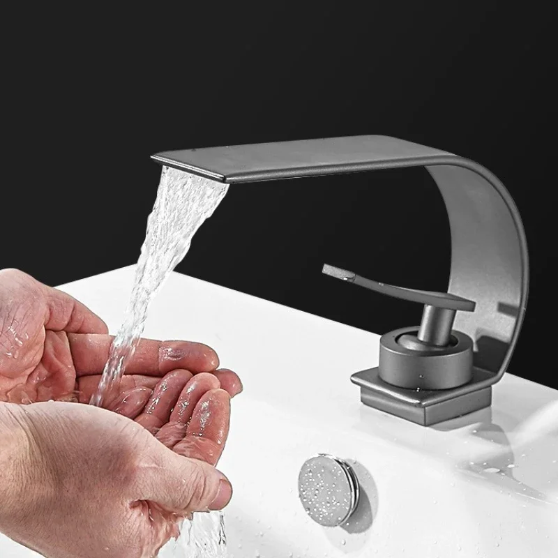 Bathroom Stainless Steel Single-Hole Basin Faucet  Hot/Cold Water Control White Minimalist Waterfall-Style Creative Basin Faucet