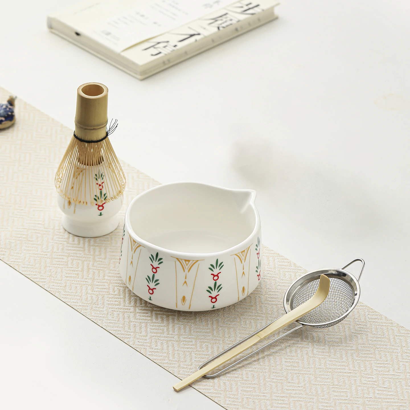 5pcs Japanese matcha set, palm tree decal spout matcha bowl set, breakfast and latte making tool set, etiquette matcha set, gift
