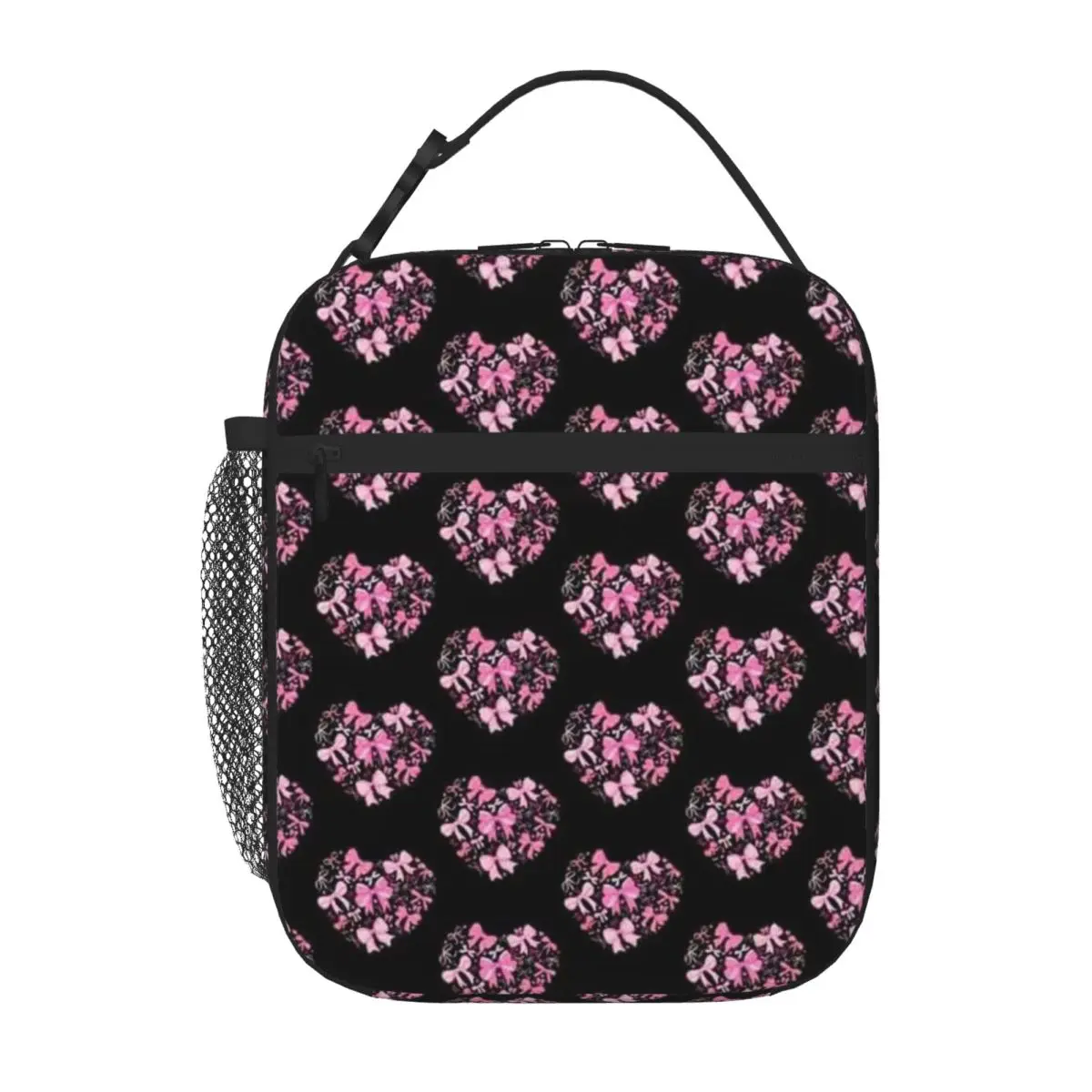 Bestselling Valentine Coquette Pink Bow Heart Women Girls Retro School Lunch Bag Cruise Travel Portable Lunch Bag