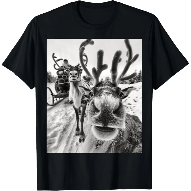 Christmas Fun Reindeer Selfie Pattern Printed Short Sleeve Black Adult T-shirt