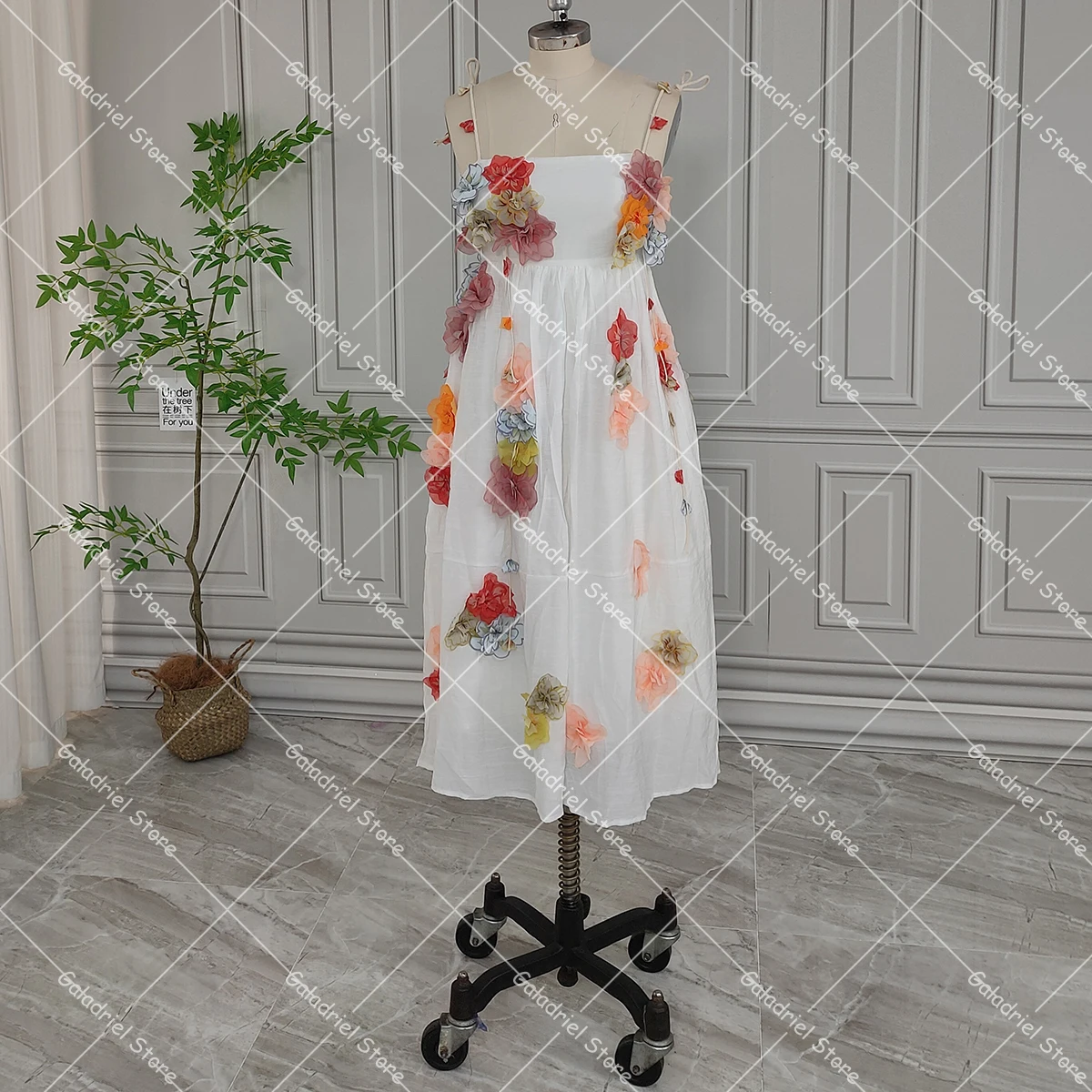 

Customized Colorful Embroidered Beach Prom Gowns Tea Length 3D Flowers Eye-Catching Low Cut Evening Boho Slip Dress