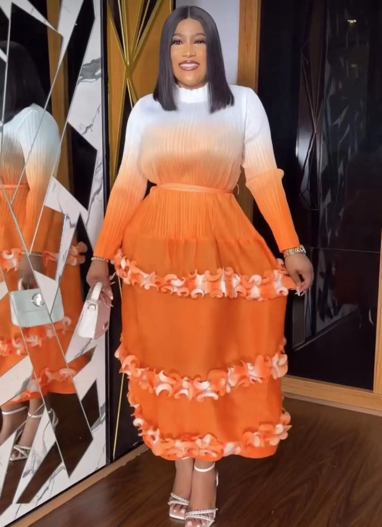 Miyake 2025 New Pleated Maxi Long Dress O-Neck Floral Sleeves Fungus Spliced Gradient Elegant Wedding Dresses for Women