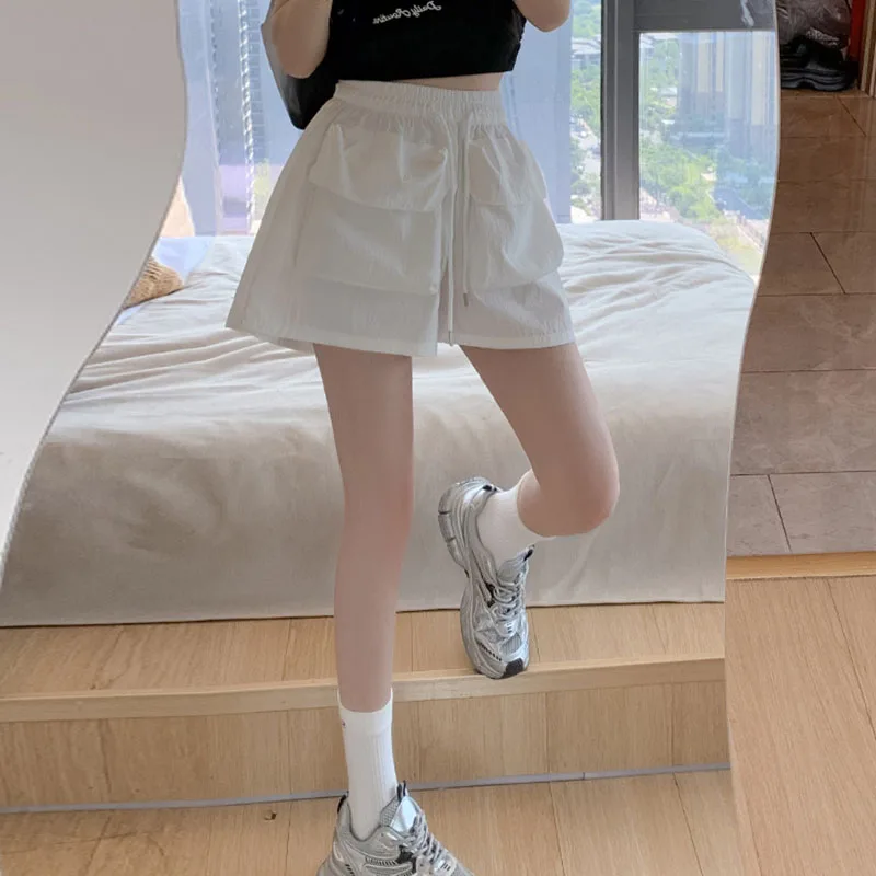 Vintage Wide Leg Shorts Women Summer Quick Drying High Waist Breathable Short Sweatpants Harajuku Baggy Y2K Pocket Cargo Shorts