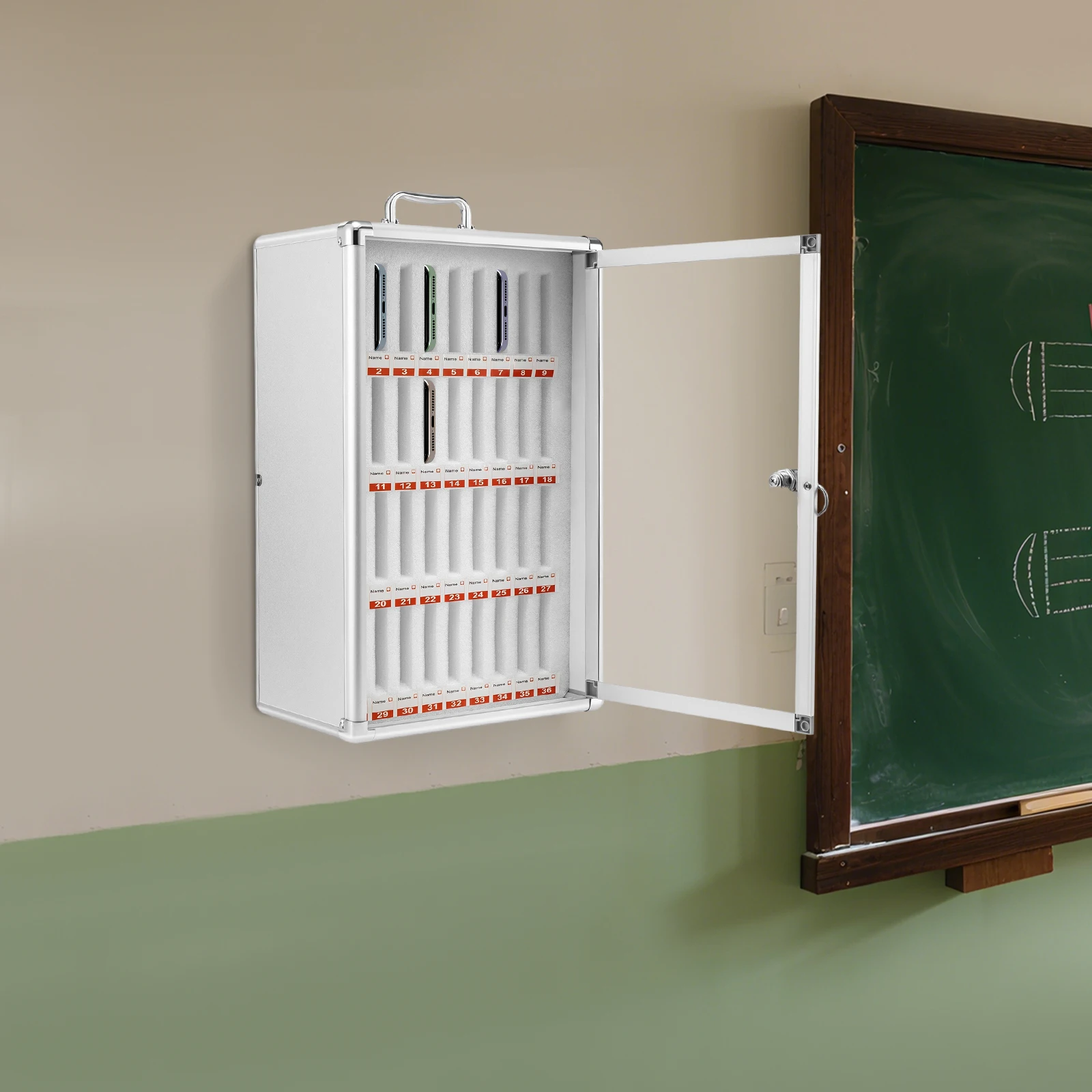 Silver Aluminum Alloy 32*20*49cm Lock Cell Phone Storage Cabinet 36-bit Pearl Cotton Interlayer Cell Phone Safe Deposit Box