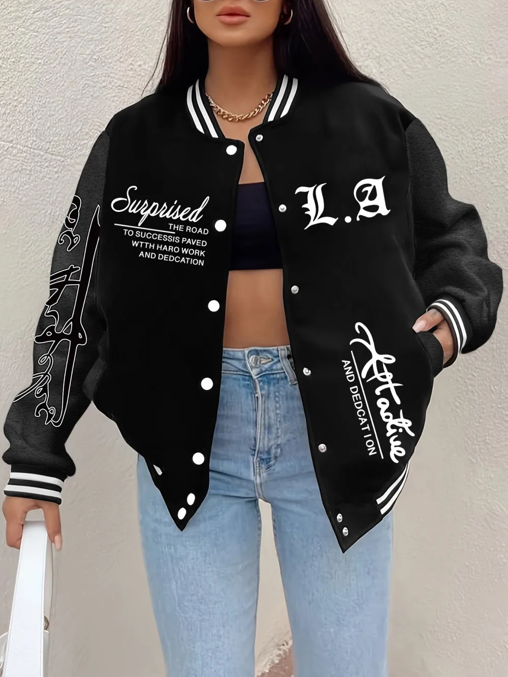 Surprise Road Los Angeles Printing Coats Womens Comfortable Loose Baseball Jersey Fleece Warm Soft Jackets Casual Pocket Clothes