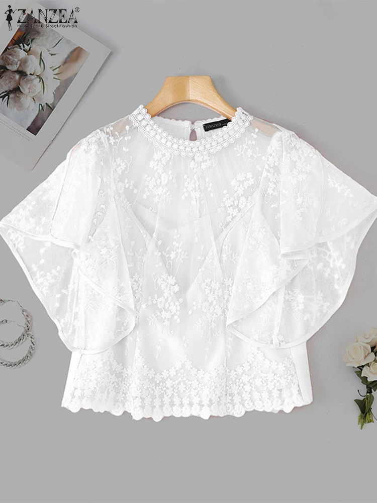 ZANZEA ผู้หญิงเย็บปักถักร้อยเสื้อฤดูร้อนลูกไม้ Patchwork เสื้อลําลองหลวมแขนค้างคาวปีกเสื้อ 2025 Vintage Patchwork Tunic