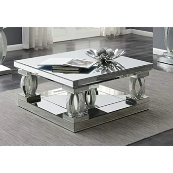 Image Amalia Square Mirrored Cocktail Living Room Sofa Coffee Table Glam Acrylic Crystal Legs with Bottom Shelf