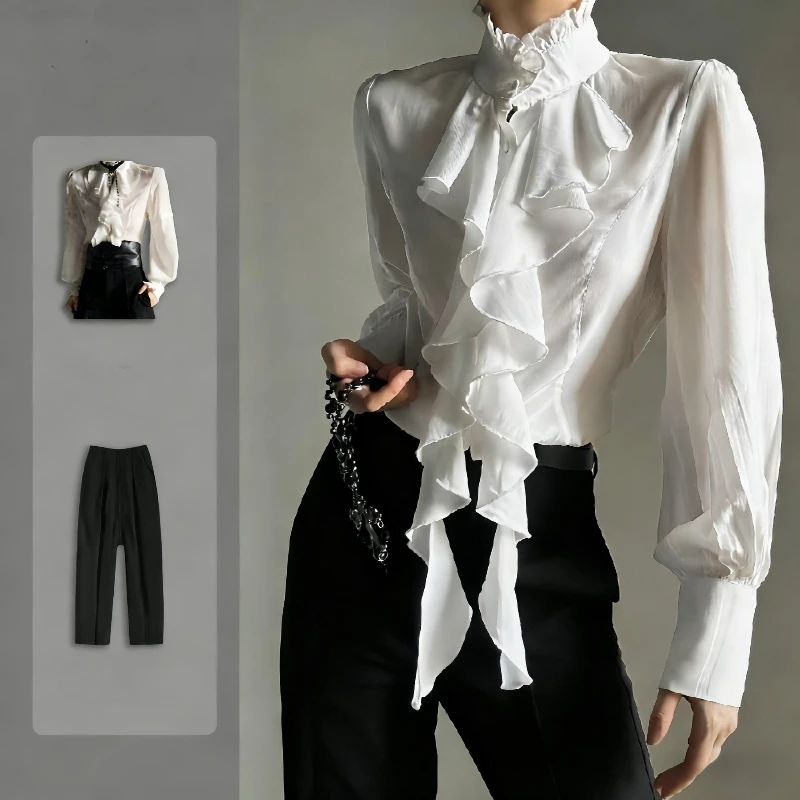 

Harajuku Стильные женские однотонные футболки Y2k с длинным рукавом и воротником-стойкой + повседневные элегантные однотонные узкие брюки женский костюм осень 2025