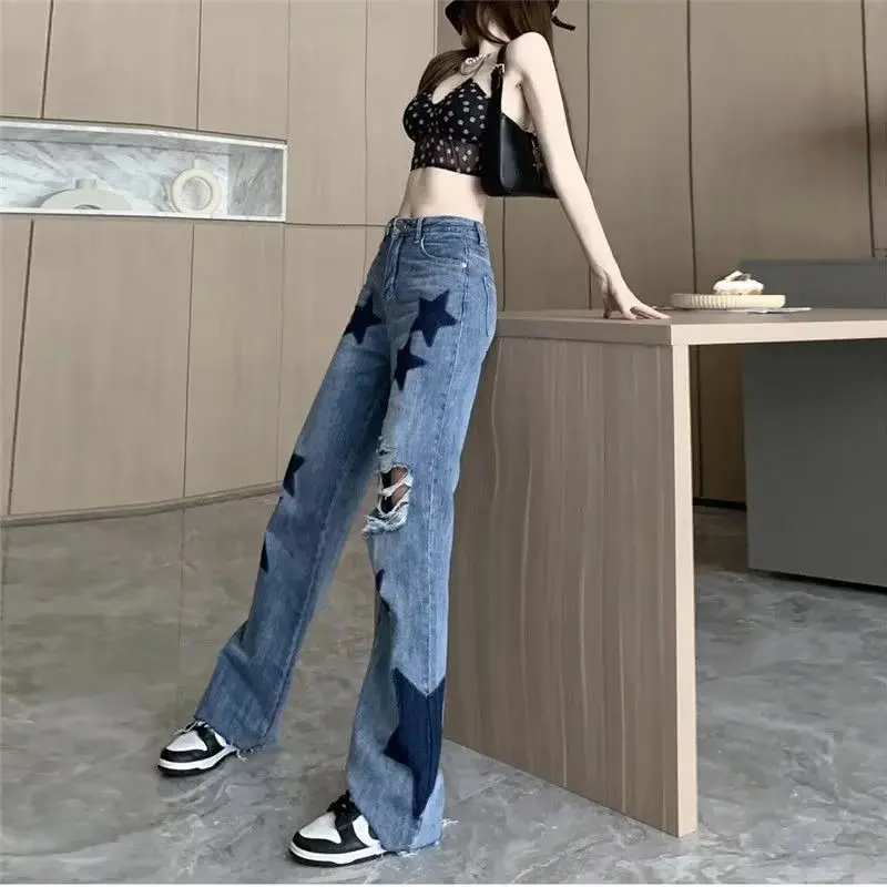 Jeans Women High Waist Ripped Autumn New Five-pointed Star Printed Loose Wide Leg Straight Floor Length Trousers Temperament