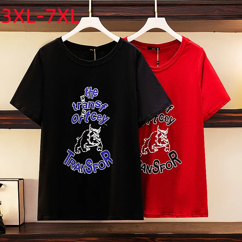 New 2022 Summer Plus Size Tops For Women Large Size T-shirt Short Sleeve Loose Red Cotton Print T-shirt 3XL 4XL 5XL 6XL 7XL