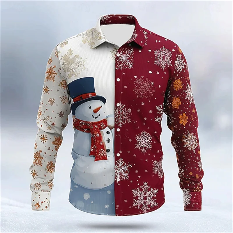 Christmas Men's Snowman Snowflake Shirt Button Long Sleeve Fun Outdoor Festival Autumn Winter Lapel 3D Printed Shirt Red