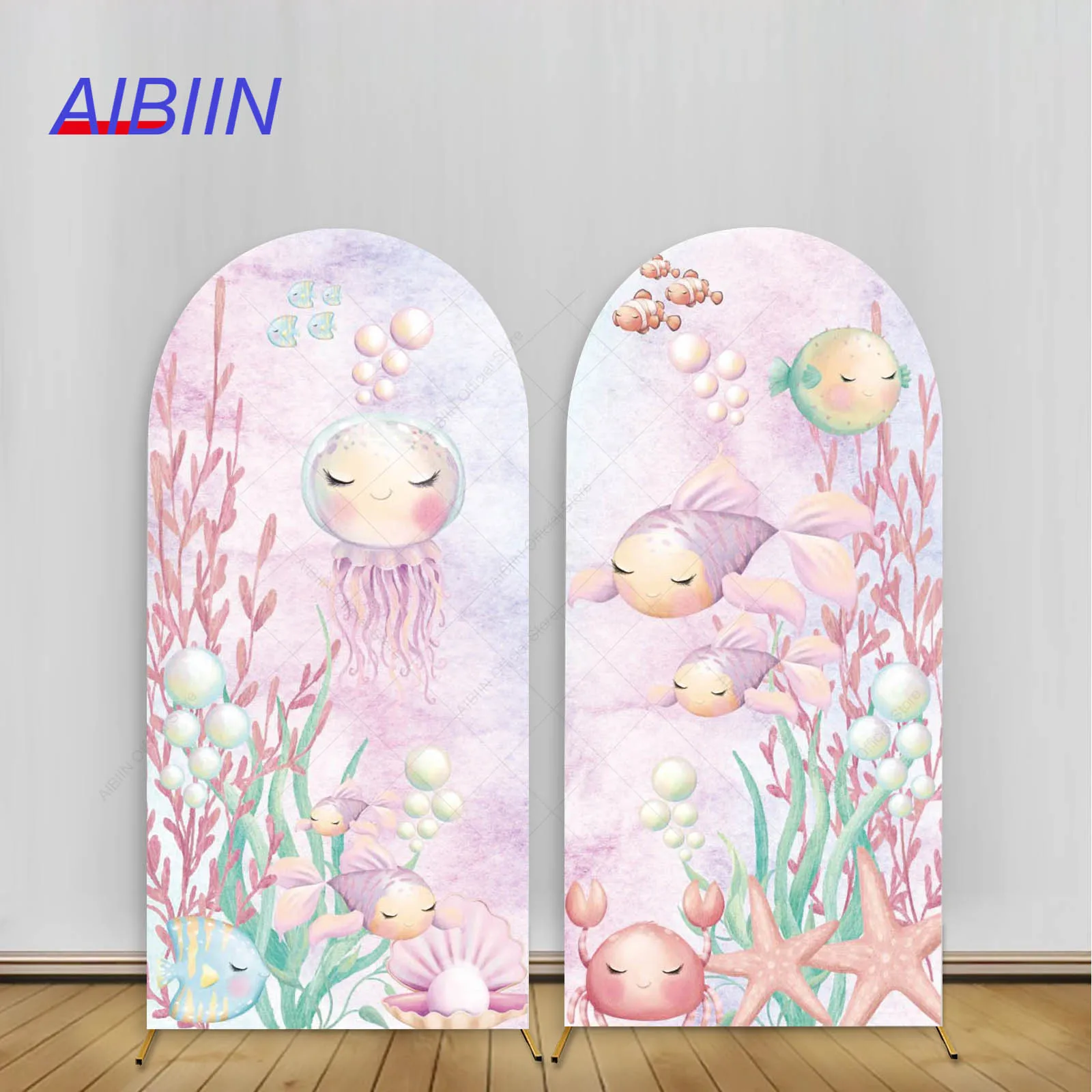 Underwater Sea Arch Backdrop Cover Octopus Crab Fish Coral Pink Purple Girl Birthday Baby Shower Party Decor Cake Background