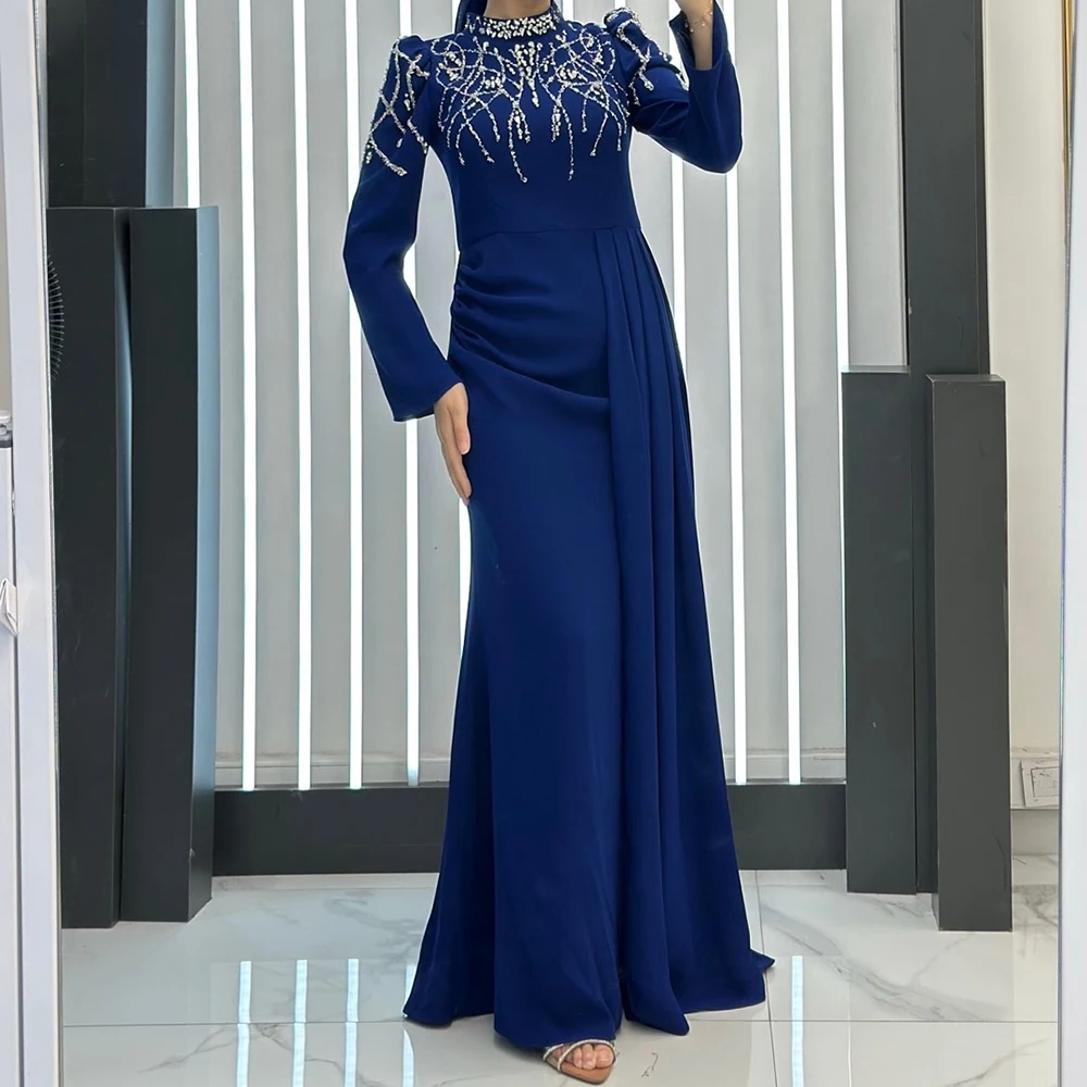 

Customized A-line Evening Dresses Floor-length High-neck Full Sleeve Prom Gown Fashion Crystal Sequined Pleat Draped Party Gown