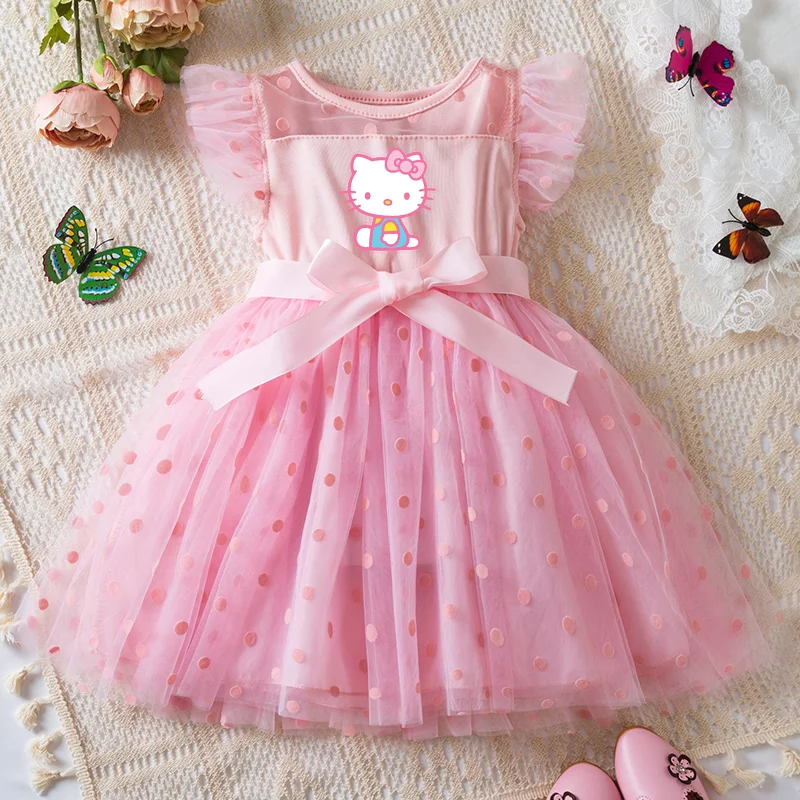 Hello Kitty 2-6Y Baby Girl Dress Princess Mesh Skirt Summer Sleeveless Wedding Party Dresses for Girls Summer