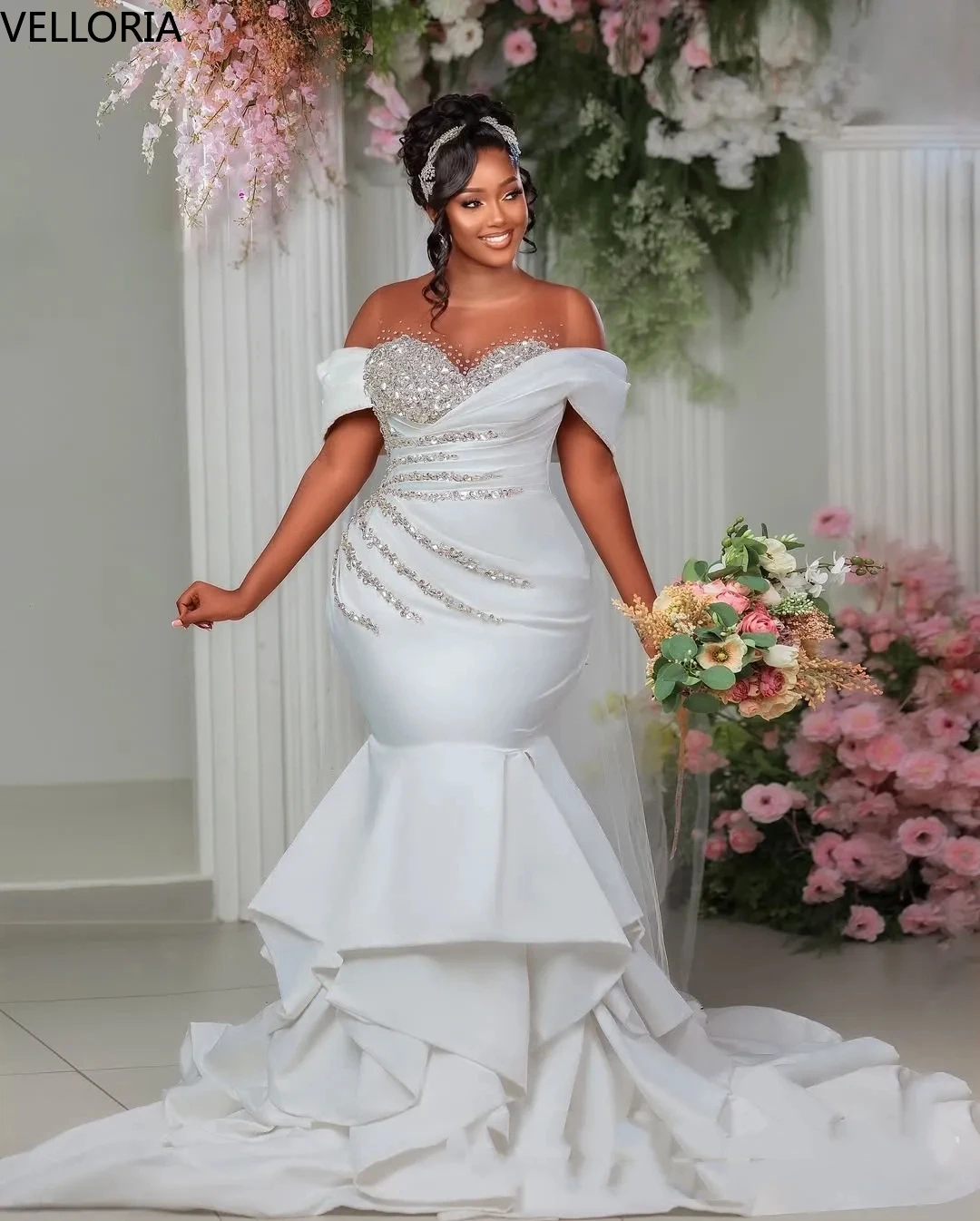 تخصيص الأبيض حورية البحر مساء اللباس 3D الماس ثوب الزفاف مثير قبالة الكتف حزب اللباس Vestdos دي فييستا مخصص