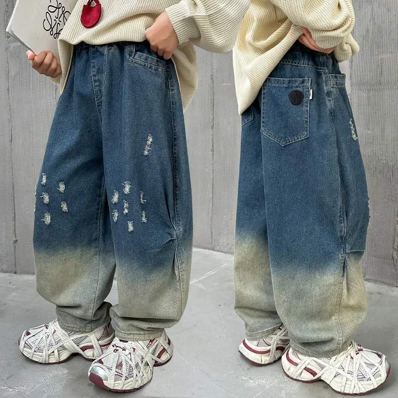 

Child Cool Fashion Distressed Ripped Jeans for Boys Spring-Autumn New Style Soft Baggy Gradient Denim Pants Kids Causal Trousers