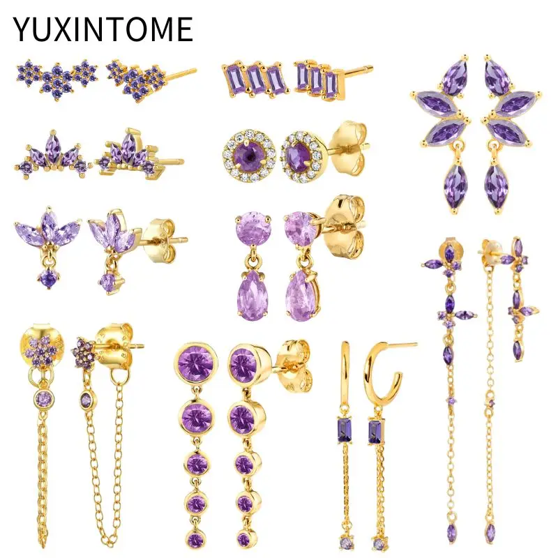 925 Sterling Silver Ear Needle Luxury Purple Zircon Stud Earrings For Women Exquisite Geometric Gold Earrings Fashion Jewelry