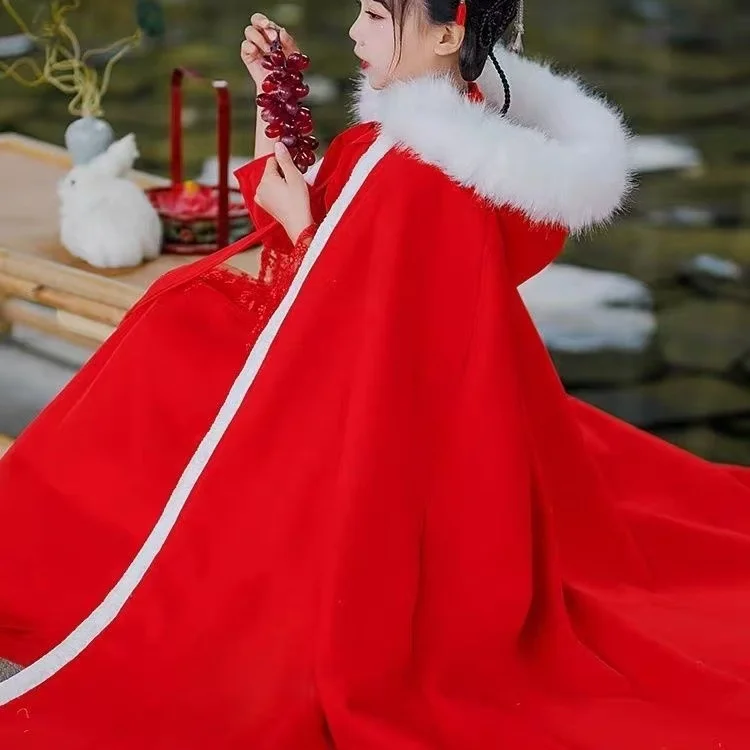 

Festive Red Kids Hooded Hanfu Cloak Autumn Winter Thicken Plush Collar Long Robe Carnival Stage Dance Outer Cape with Hat Xmas