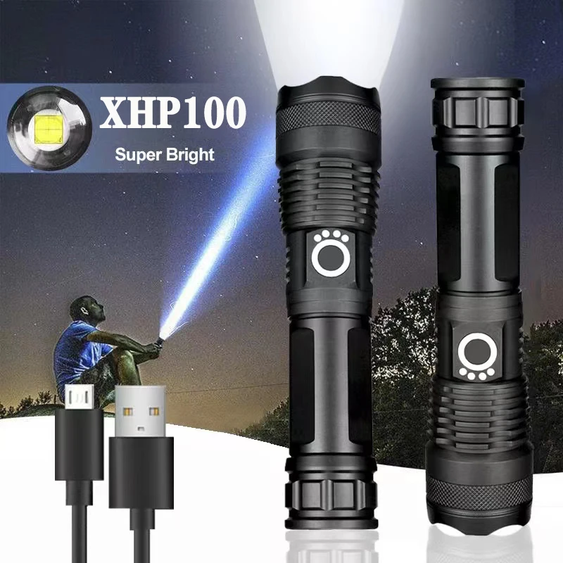 High Power XHP100 Led Flashlight Rechargeable 4 Core Torch Zoom Usb Hand Lantern For Camping, Outdoor & Emergency Use