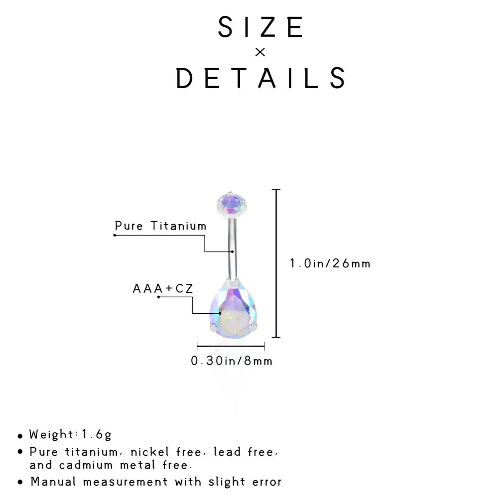 TGNEL Belly Navel Rings AB CZ Teardrop ASTM F136 6mm/8mm/10mm/12mm Belly Bars G23 Titanium 14G Belly Button Ring Body Piercing