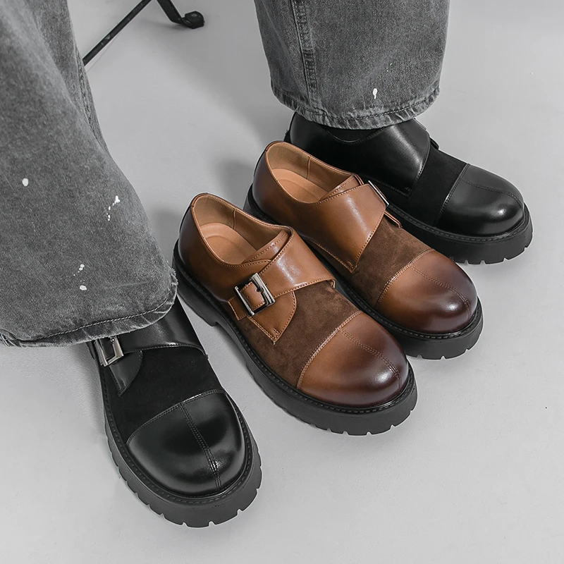

Summer Men Casual Leather Shoes Black-brown Color Retro American Thick-soled Anti-slip Fashionable Buttoned Business Loafers
