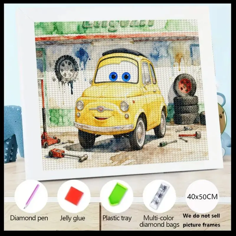 

1 шт. 5D DIY комплект алмазной живописи, полная дрель, круглый горный хрусталь, милый желтый мультяшный автомобиль в дизайне гаражной сцены, тема автомобиля