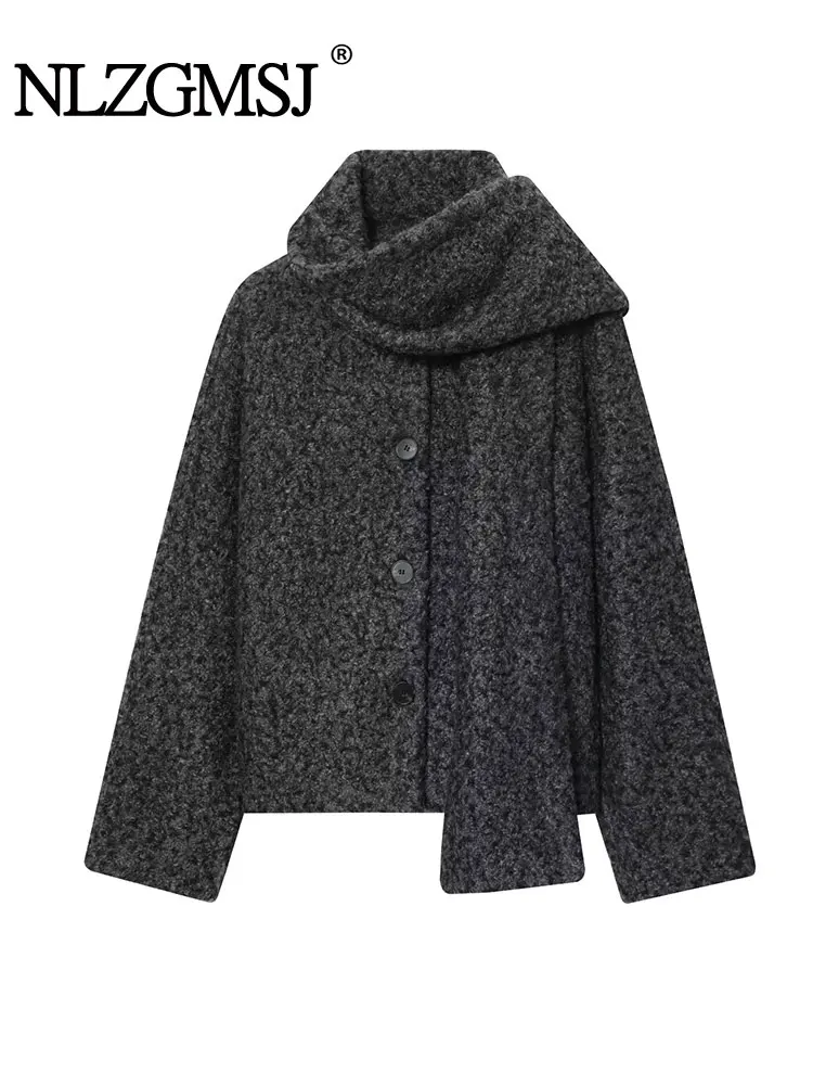 

NLZGMSJ женская свободная куртка с шарфом, 2320, зимнее теплое толстое однобортное шерстяное пальто с длинными рукавами, женская верхняя одежда Y2K